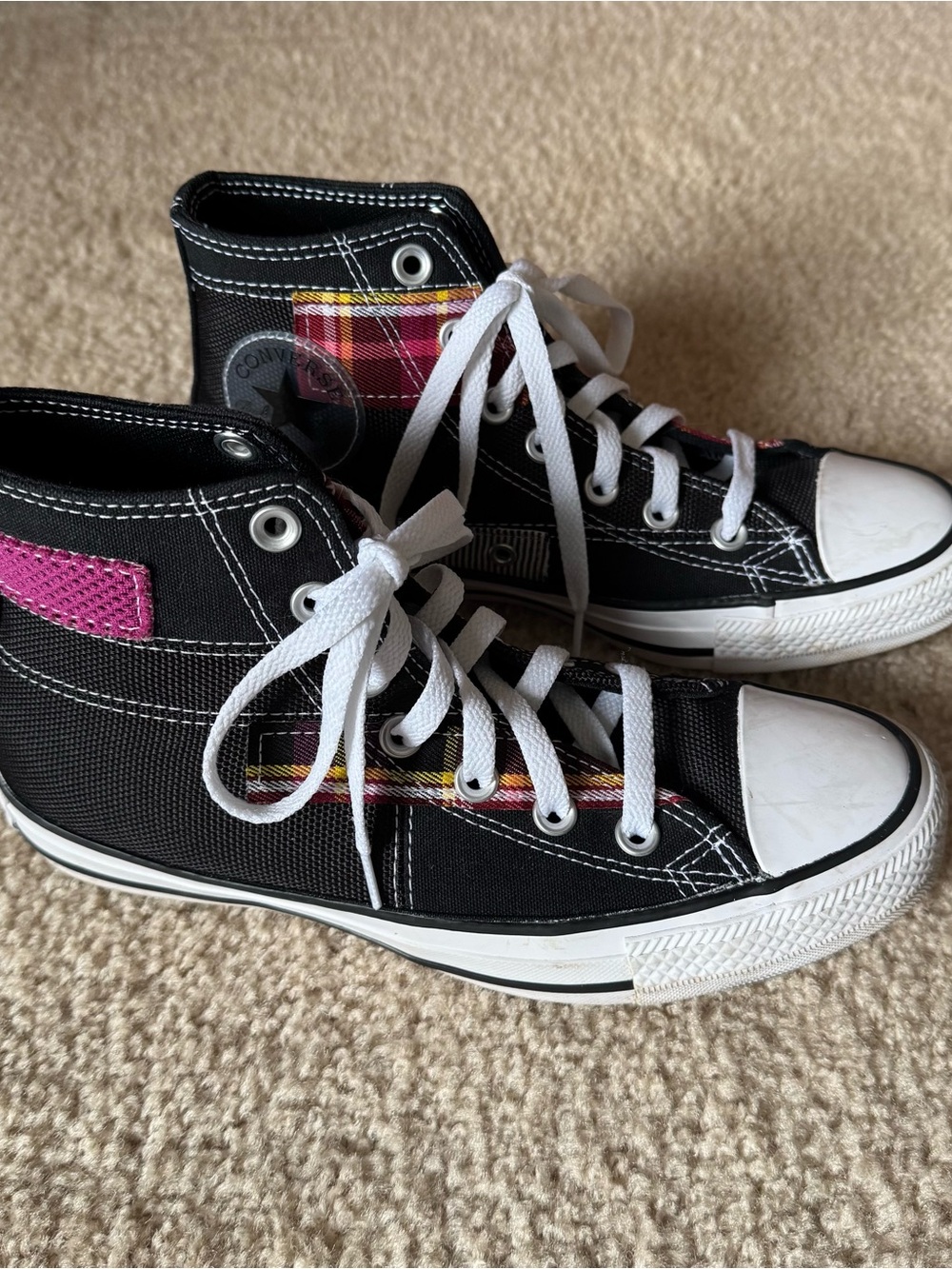 Converse Black High-Top Sneakers with Pink and Yellow Plaid Accent Patches